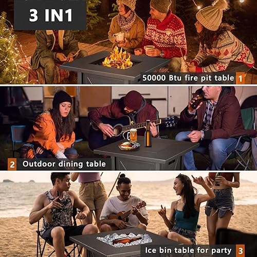 Miniatura 4 de R.W.FLAME Mesa rectangular de metal para hogueras de 28 pulgadas, mesa para hoguera de propano con piedras de vidrio, mesa de acero para fogata de