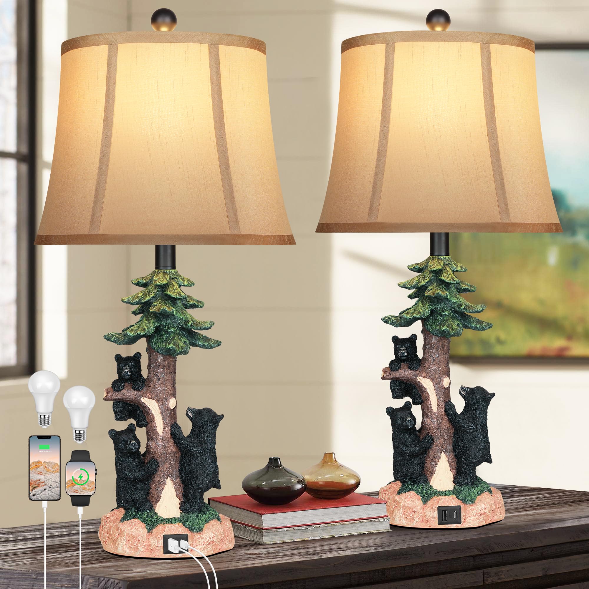 Hamucd Rustic Farmhouse Climbing Bear Table Lamps Set of 2 for Living Room with USB A C Bedroom