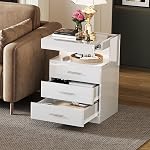 Treocho Led Nightstand with Hidden Space, Modern Night Stand with Charging Station, 3 Drawer Smart Nightstand with Glossy Finish, Tall Bedside Table with RGB Lights for Bedroom, White