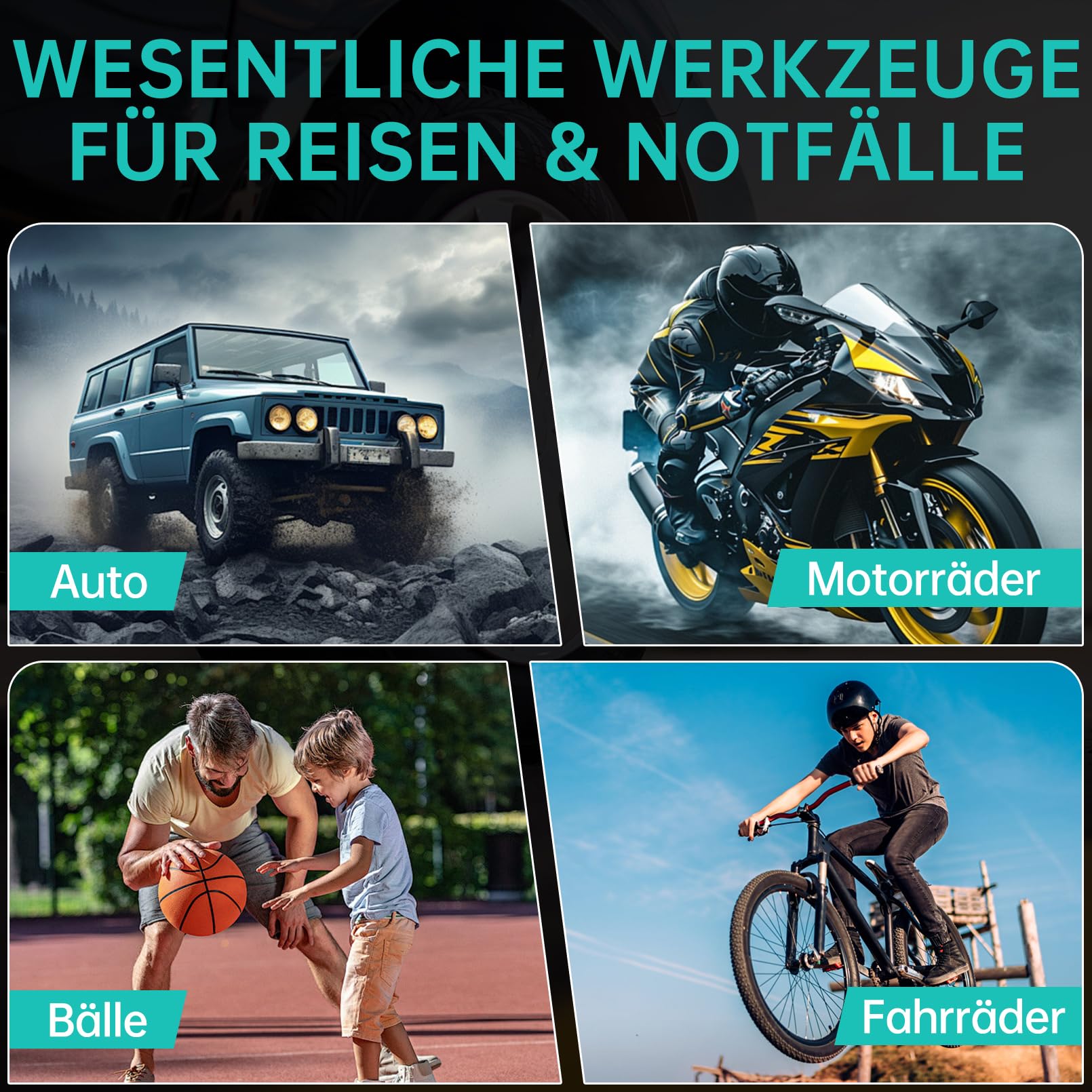 Kabelloser Elektrische Luftpumpe 150PSI 6000mAh Akku Kompressor Fahrradpumpe Mini Tragbare Reifenpumpe mit LED-Licht & Auto-Stopp Wiederaufladbare Autoreifenpumpe DC 12 V