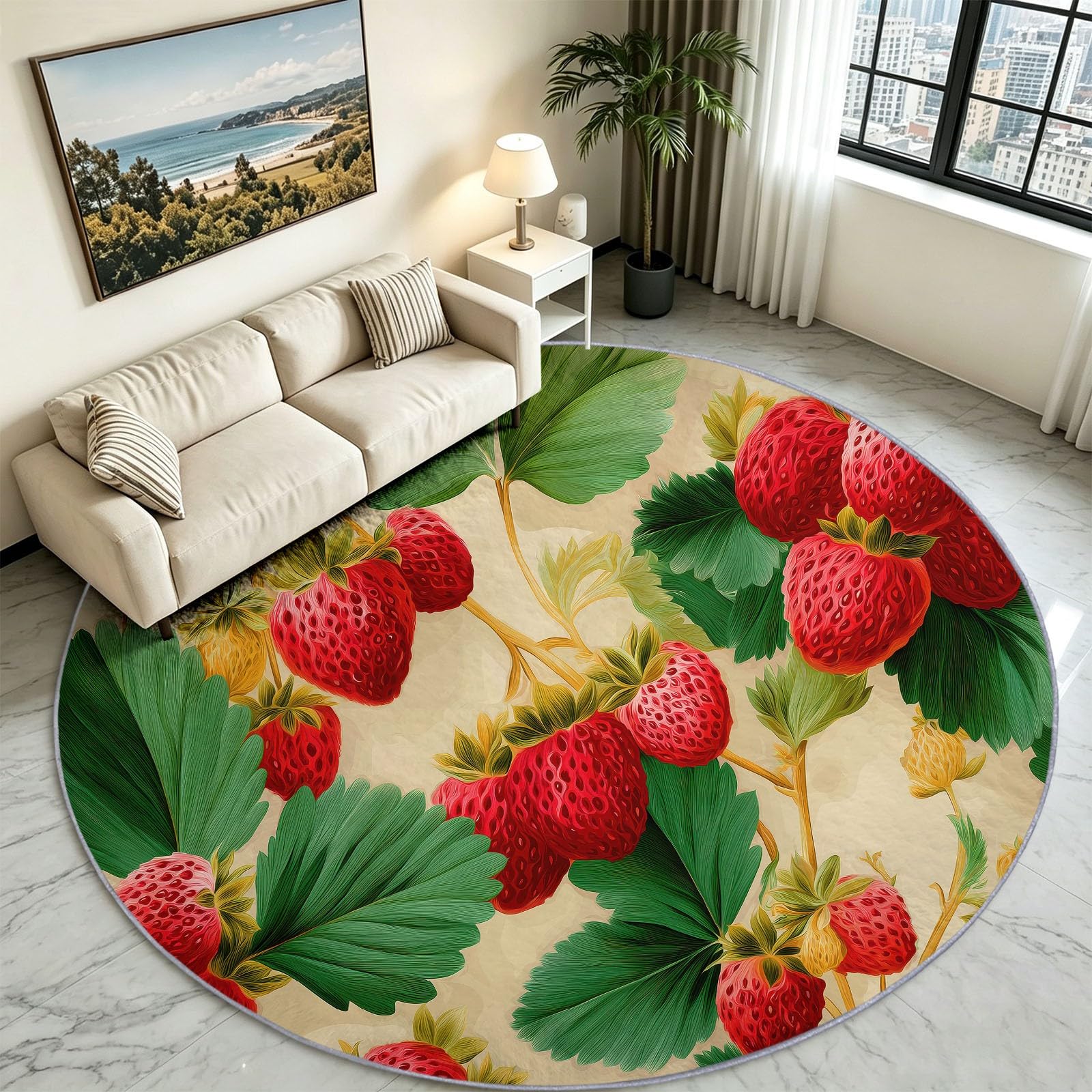 Générique Tapis Enfant Rond Chambre d'enfant Filles Garçons, Botanique Vintage Tapis Rond Lavable & Antidérapant pour Salon Chambre Cuisine Salle à Manger Chambre (200 cm, Fraises Feuilles Vertes)