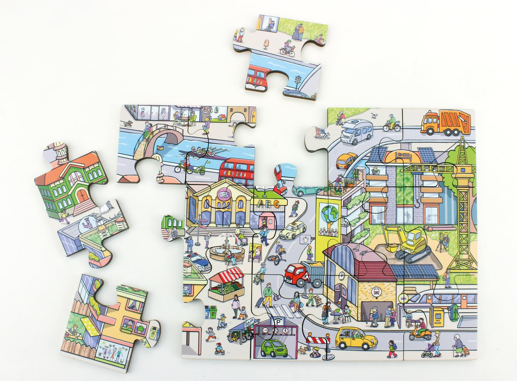 Beleduc Bodenpuzzle Stadtleben XL – 45 Teile – Großes Kinderpuzzle ab 3 Jahren – Stadt und Verkehr Lernpuzzle – 92 x 92 cm – 3 Puzzle Werden zu 1 XL Puzzle - Wimmelbild