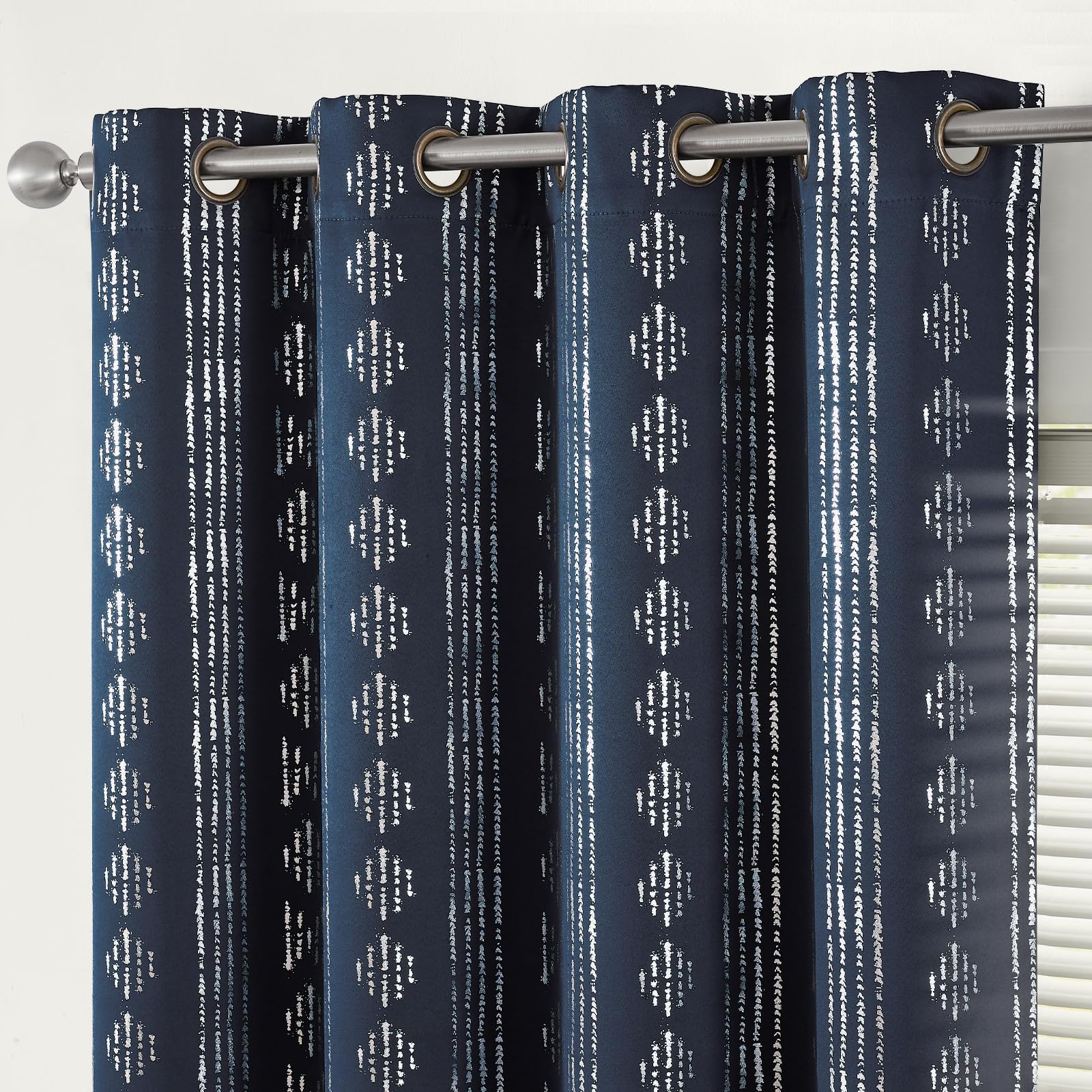 jinchan 100% Blackout Boho Curtains 63 Inch Length for Bedroom Living Room Silver Geometric Foil Printed Grommet Top Room Darkening Thermal Insulated Window Drapes Navy Blue 52x63 2 Panels