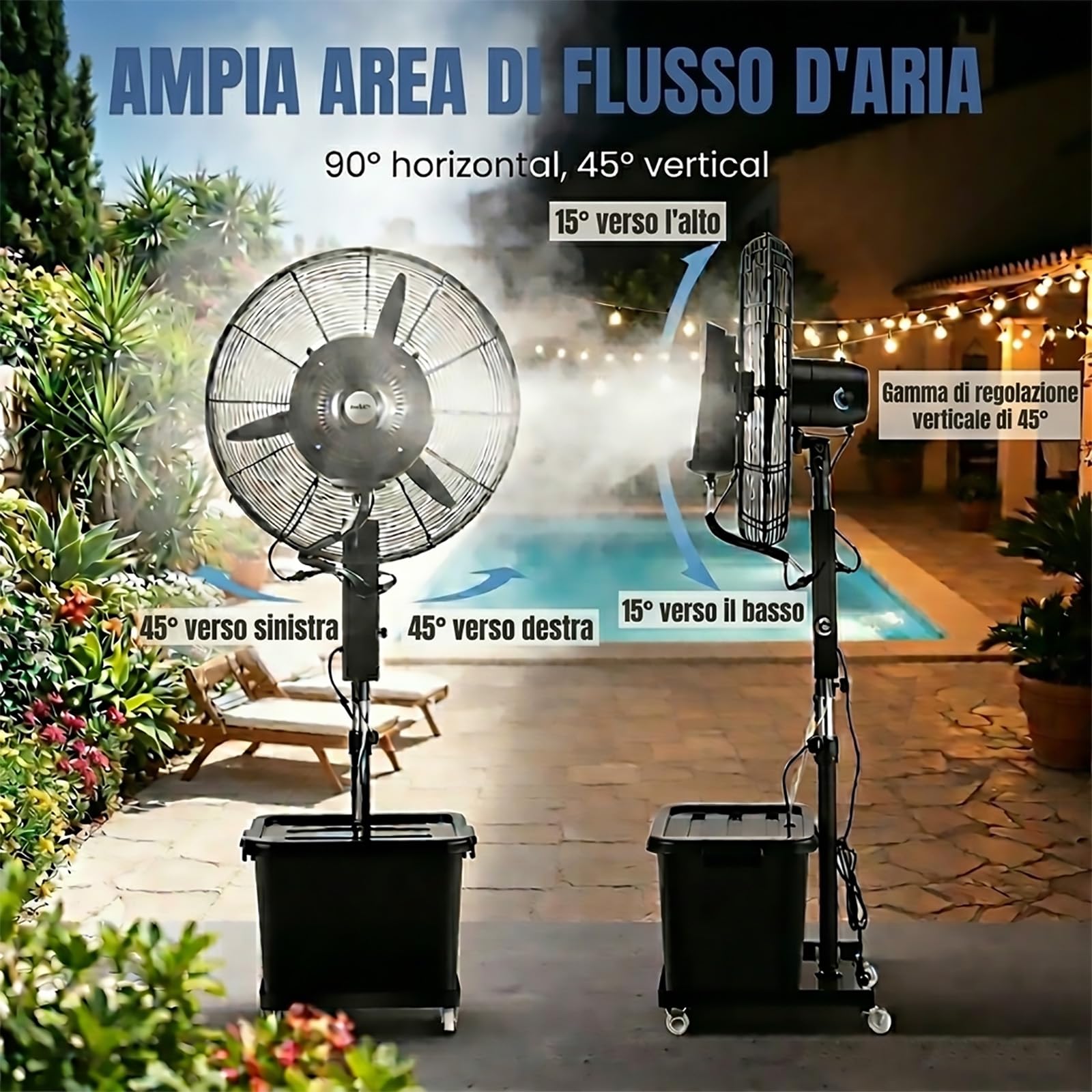 Ventilatore ad Acqua con Nebulizzatore 42L, Ventilatore Industriale da Esterno con Ruote, Altezza 160-205cm, Oscillazione 90° per Grandi Ambienti, Officina, Casa e Terrazza