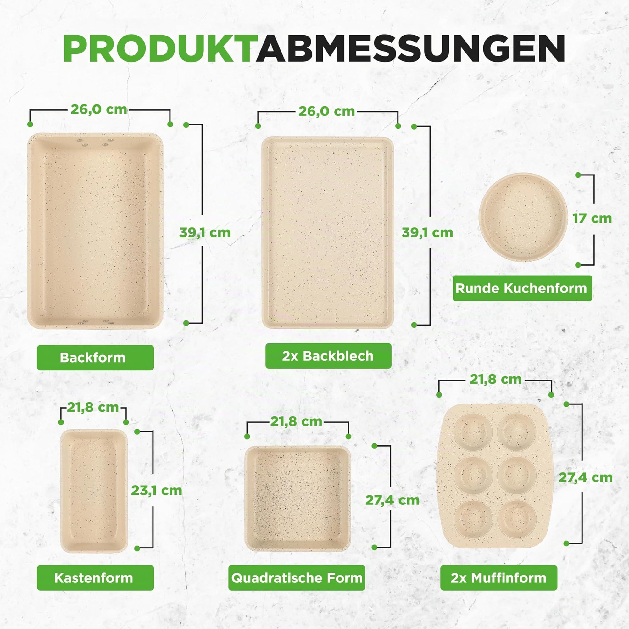 NutriChef 8-teiliges stapelbares Backformen-Set aus Karbonstahl | Antihaft, PFOA- & PFOS-frei | Ofenfest bis 232 °C Mit Backblech, Muffinform, runder, eckiger, Kasten- & tiefer Kuchenform Marmor-Crème