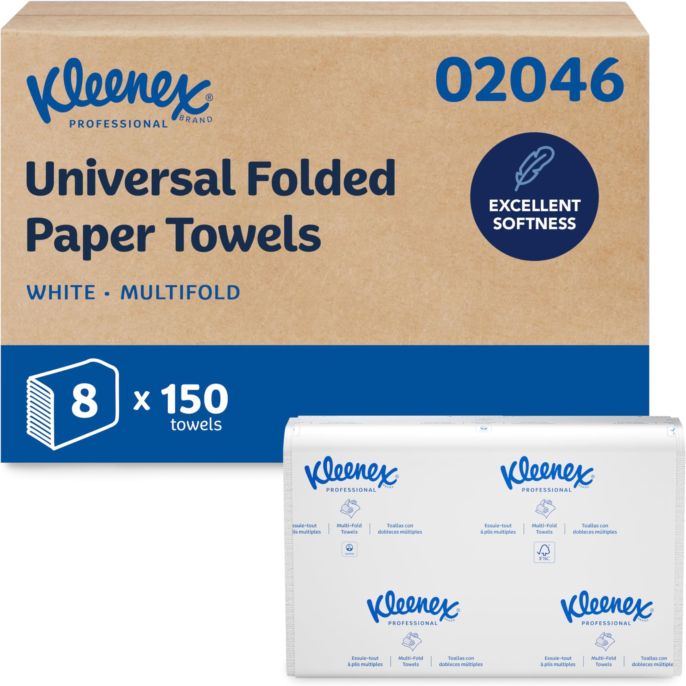 Kleenex Professional Universal Multifold Paper Towels, Bulk (02046), Absorbency Pockets, 9.2" x 9.4" Towel, White (150 Sheets/Pack, 8 Packs/Case, 1,200 Sheet Total)