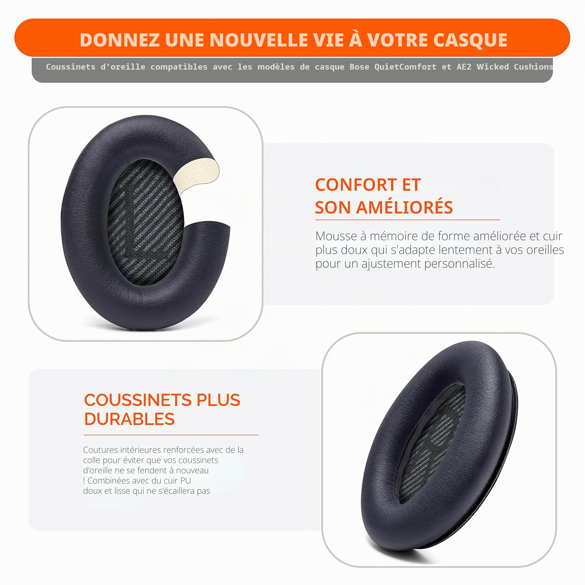 Bose QC35 QC35ii Coussinets Oreillette Cuir Souple Mousse Mémoire de Forme Noir Wicked Cushions
