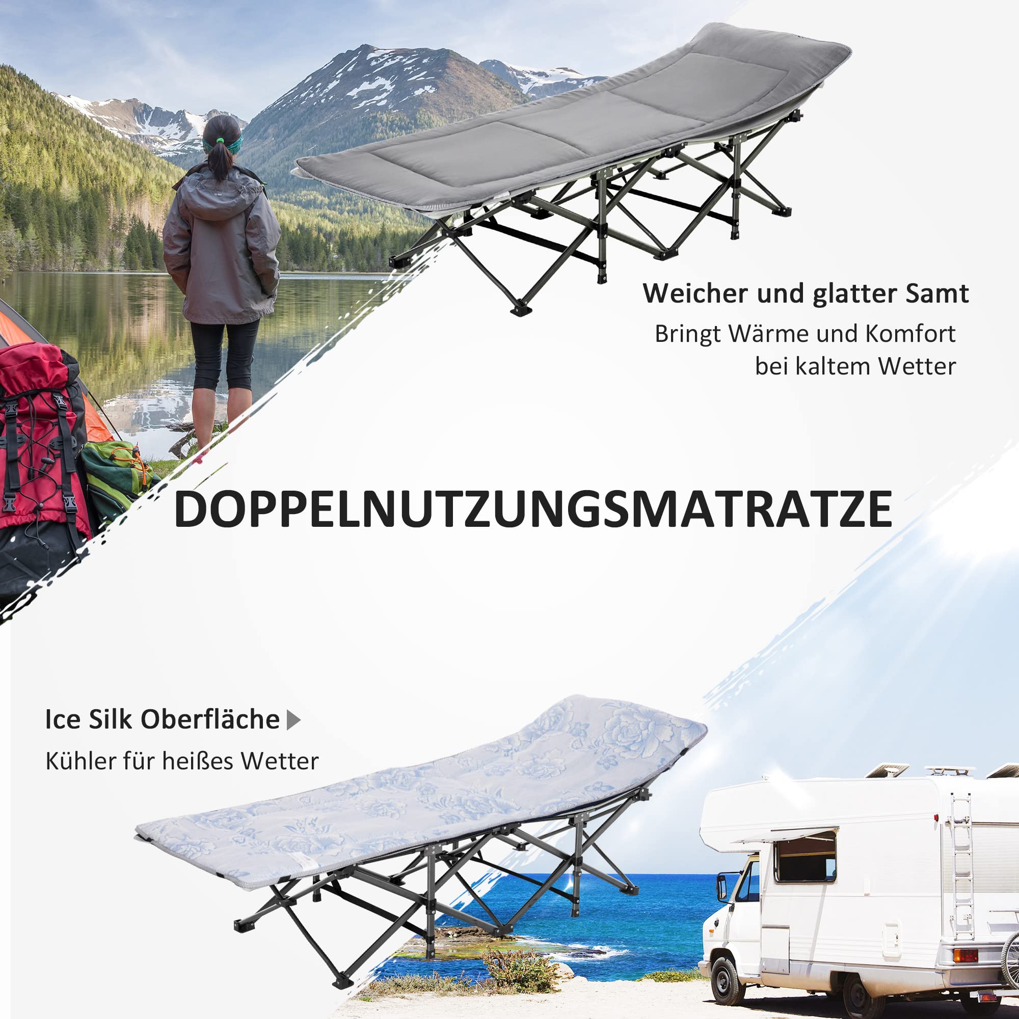 Outsunny Feldbett faltbar mit Matratze 188 x 64,5 x 53 cm | Campingbett, Tragetasche, Gästebett bis 150 kg Belastbar, Campingliege für Erwachsene, Klappbett, Outdoor Camping