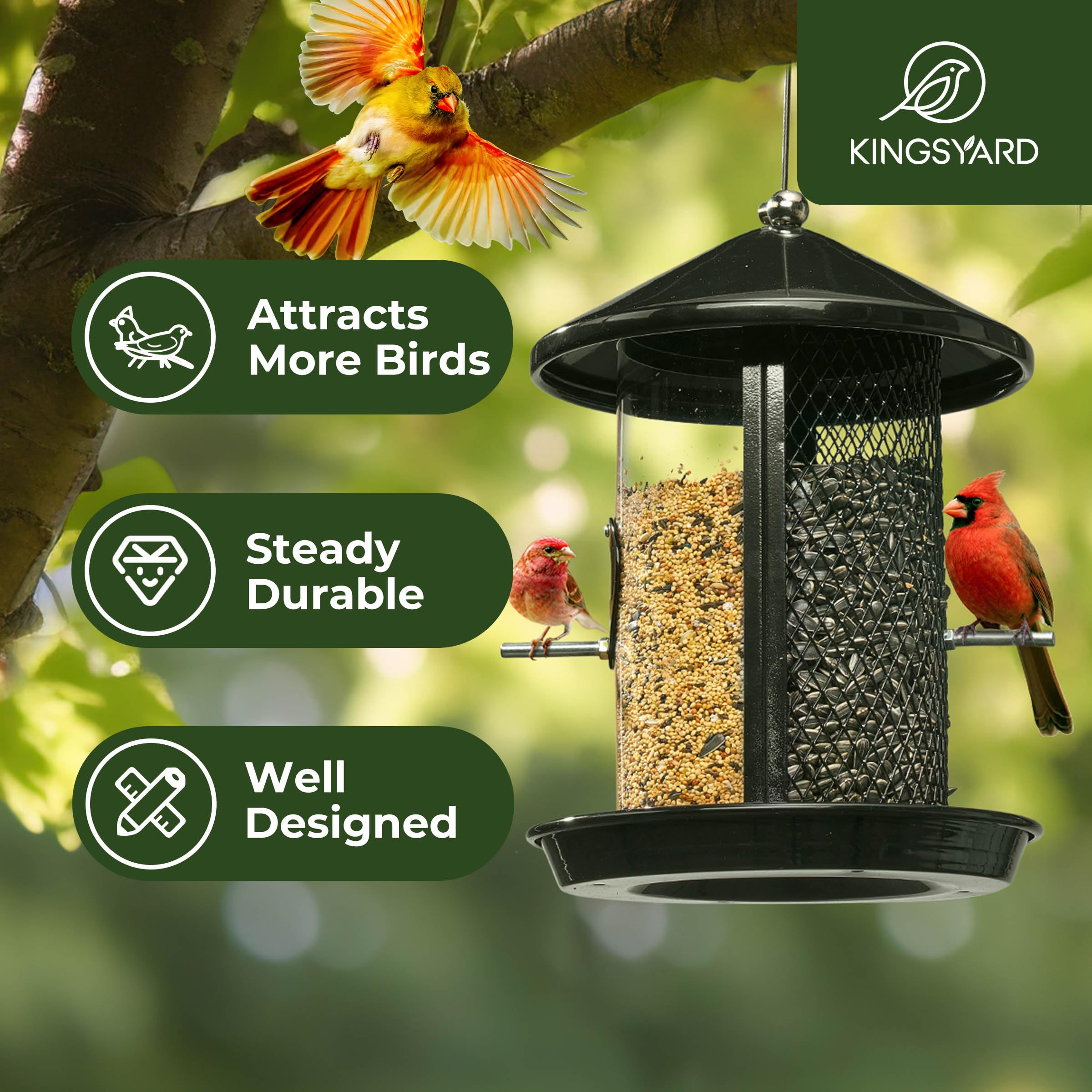 Kingsyard Comedero de metal para pájaros para colgar al aire libre, comedero para pájaros silvestres a prueba de masticación con doble cámara de 4 libras de capacidad para pinzón cardenal Bluebird