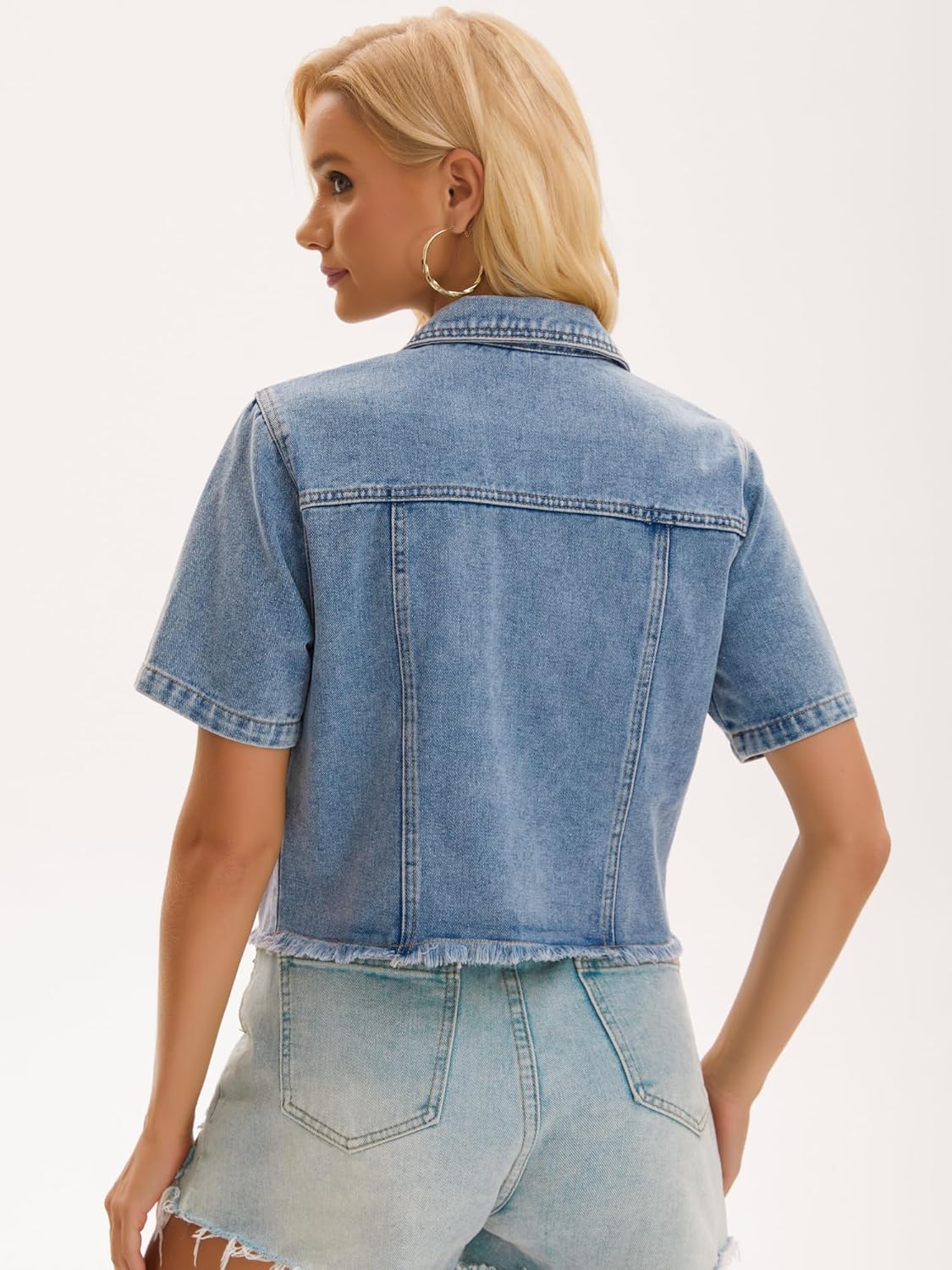 Women Short Sleeve Denim Jacket Button Up Ripped Frayed Cropped Jean Jacket