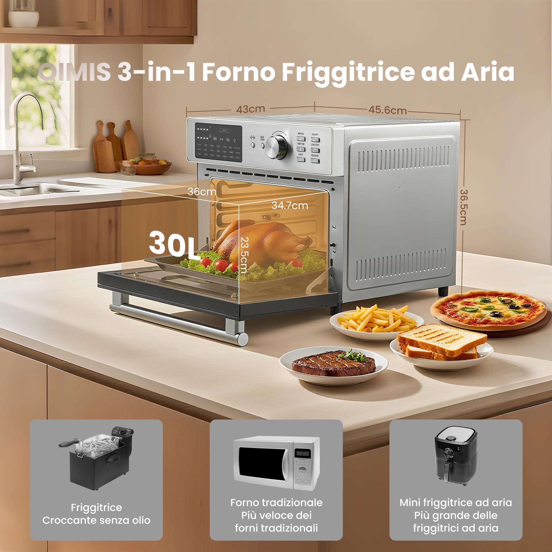 OIMIS Friggitrice ad Aria Calda, Forno multifunzione ad aria 30L, 21 in 1 Forno Elettrico Airfryer timer e temperatura regolabili con 7 accessori Fornetto senza olio certificazione CE, Argento 1800w