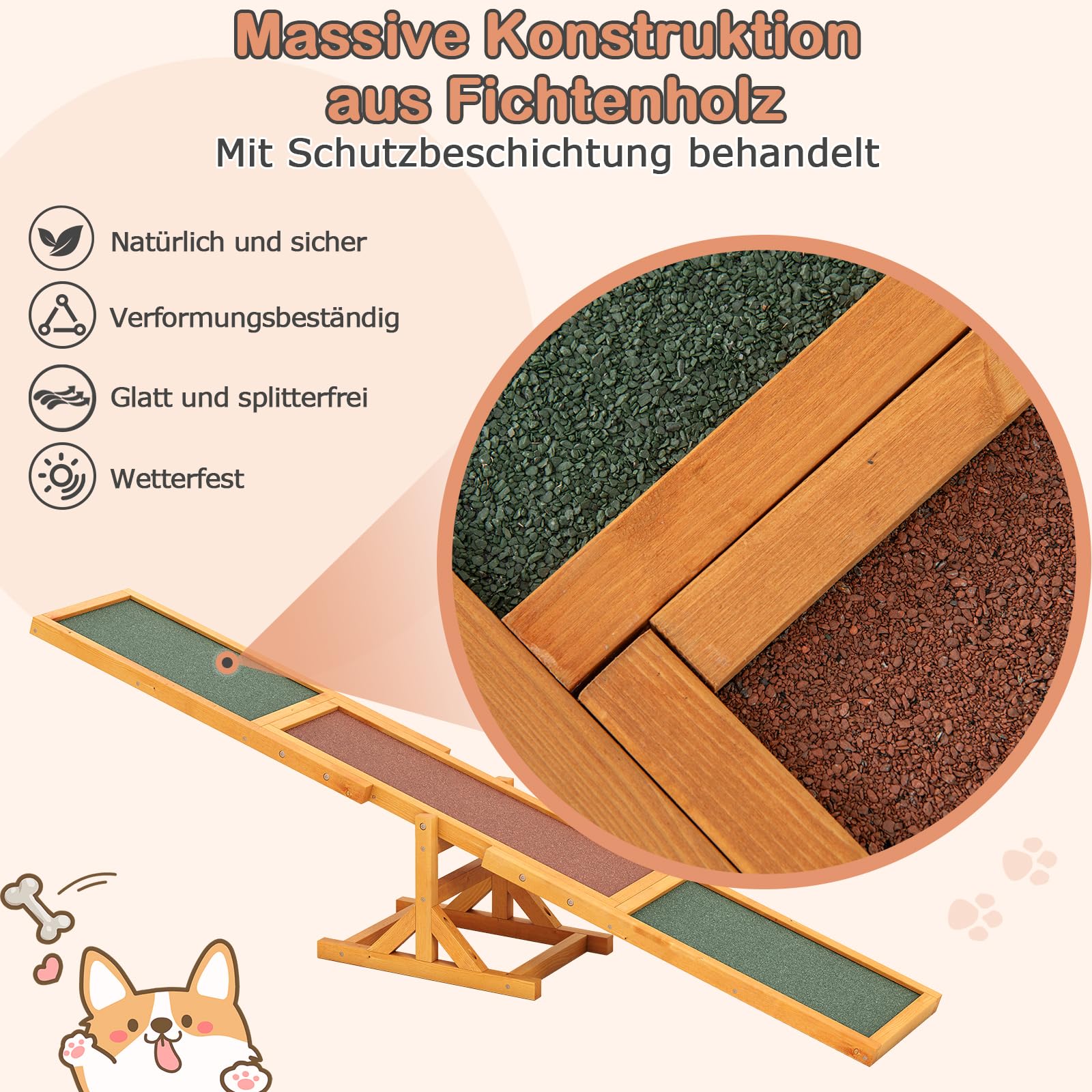 COSTWAY Hundewippe Holz, Hunde Agility Wippe, Outdoor Hundesport für Balance-Training, für kleine & große Hunde bis 60 kg, wetterfestes Spielset, 179 x 30 x 55 cm (Gelb)