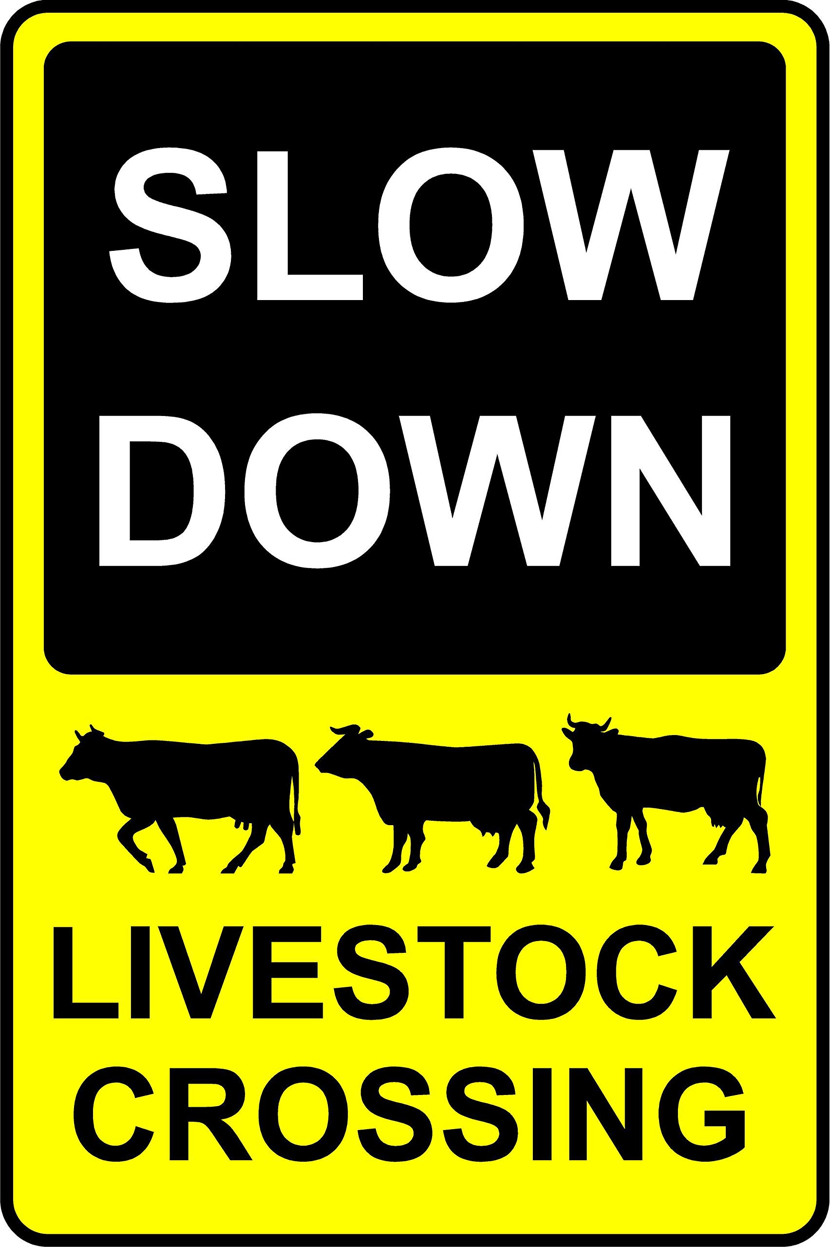Slow down livestock crossing Farm safety sign - 1.2mm Rigid plastic 300mm x 200mm