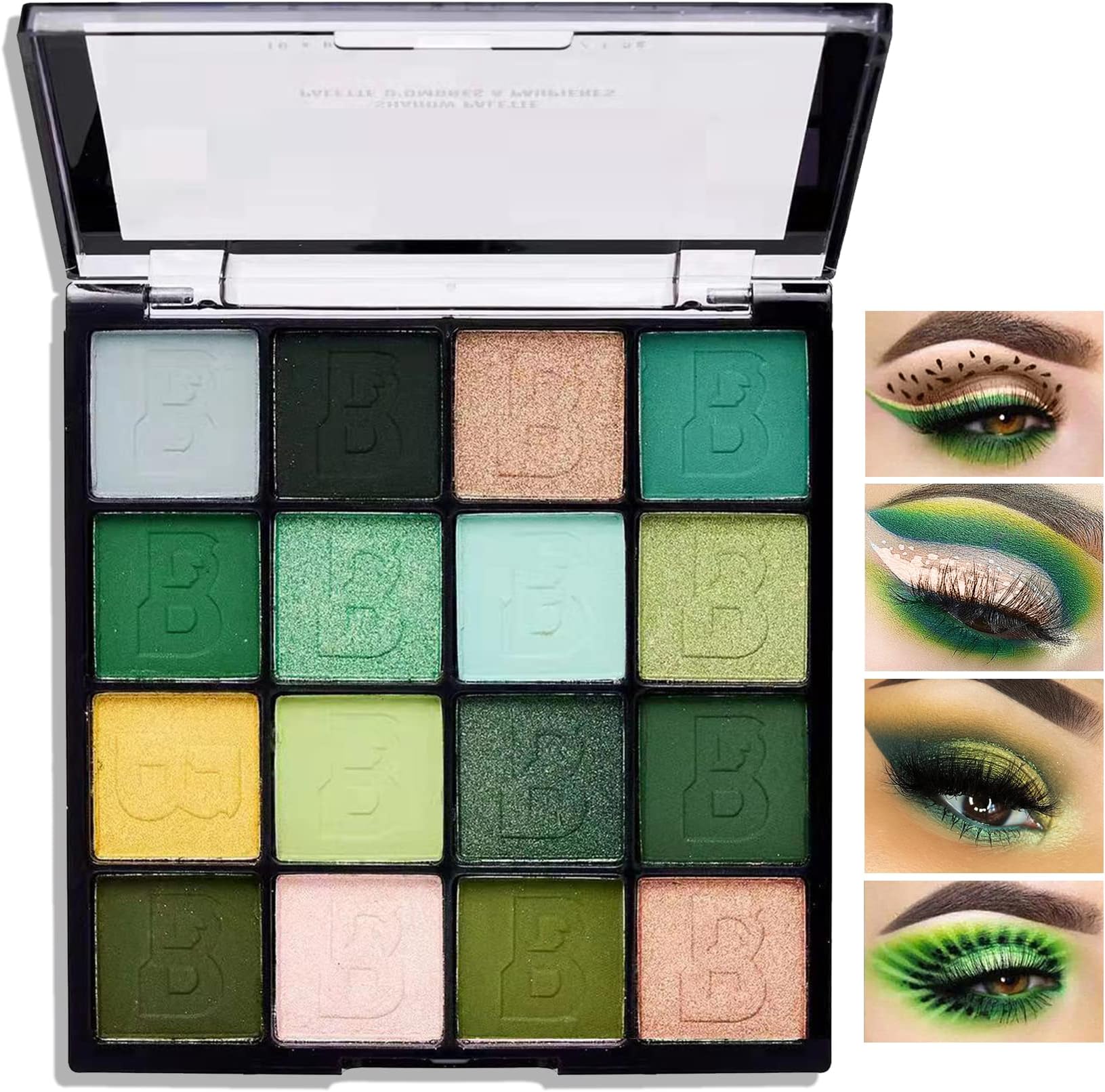 16 Colors Green Shimmer Eyeshadow Palette,Matte Metallic Waterproof Eye Shadow Palette,Highly Pigmented Sparkly Eye Shadow Pallet Shiny Yellow Brown Pressed Eyeshadow Makeup Powder Palette