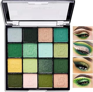 16 Colors Green Shimmer Eyeshadow Palette,Matte Metallic Waterproof Eye Shadow Palette,Highly Pigmented Sparkly Professional Eye Shadow Pallet Shiny Yellow Glitter Brown Pressed Blendable Eyeshadow Makeup Powder Palette