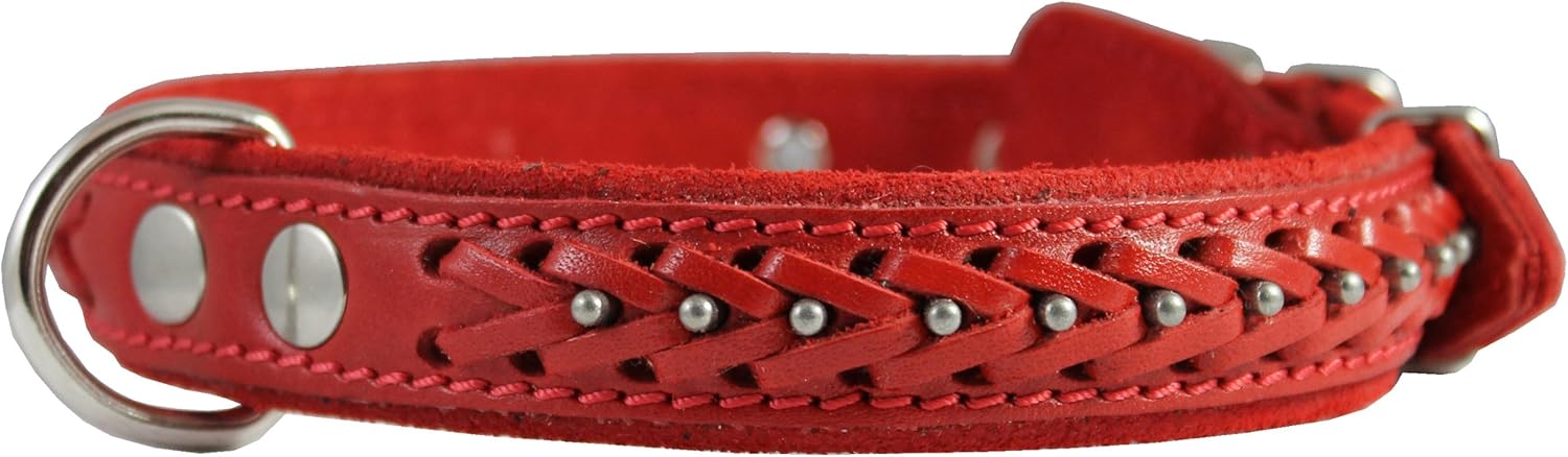 Dogs My Love Genuine Leather Braided Studded Dog Collar, Red 1" Wide. Fits 14"-18" Neck. Brittany, Collie, Harrier,