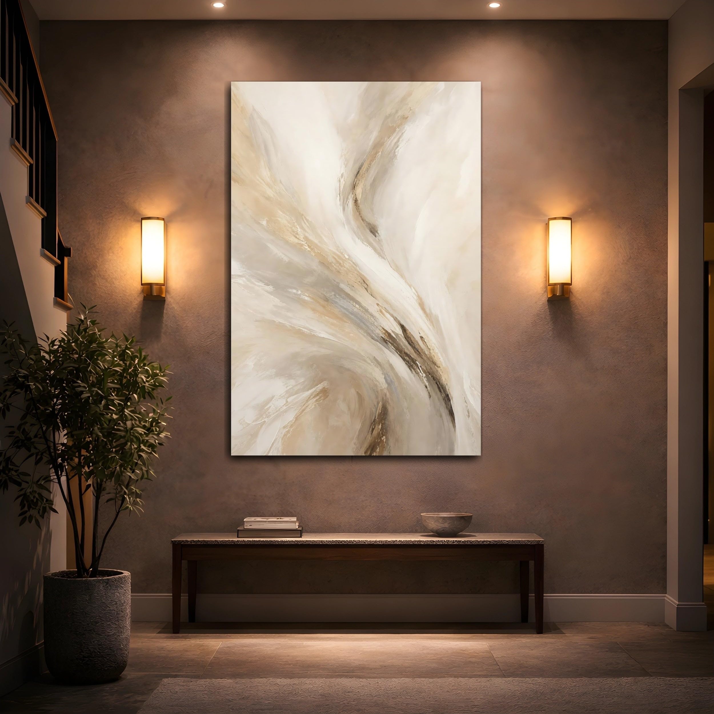 Abstract Swirls Beige Brown Gold Canvas Print – Living Room, Above Fireplace 12×18 inch (30×45 cm) - Vertical / 1.25 inch (3 cm)