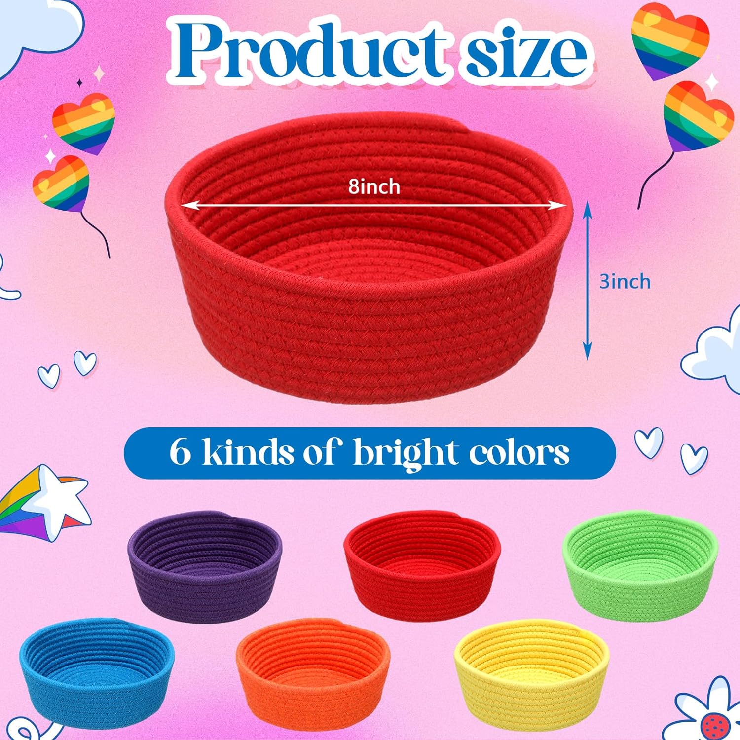 Maxcheck 12 Pcs Basket Set Rainbow Storage Basket Set for Kids Woven Colored Storage Baskets for Organizing Toy Small Items Playroom Classroom Nursery Decor, 8 x 3 Inches