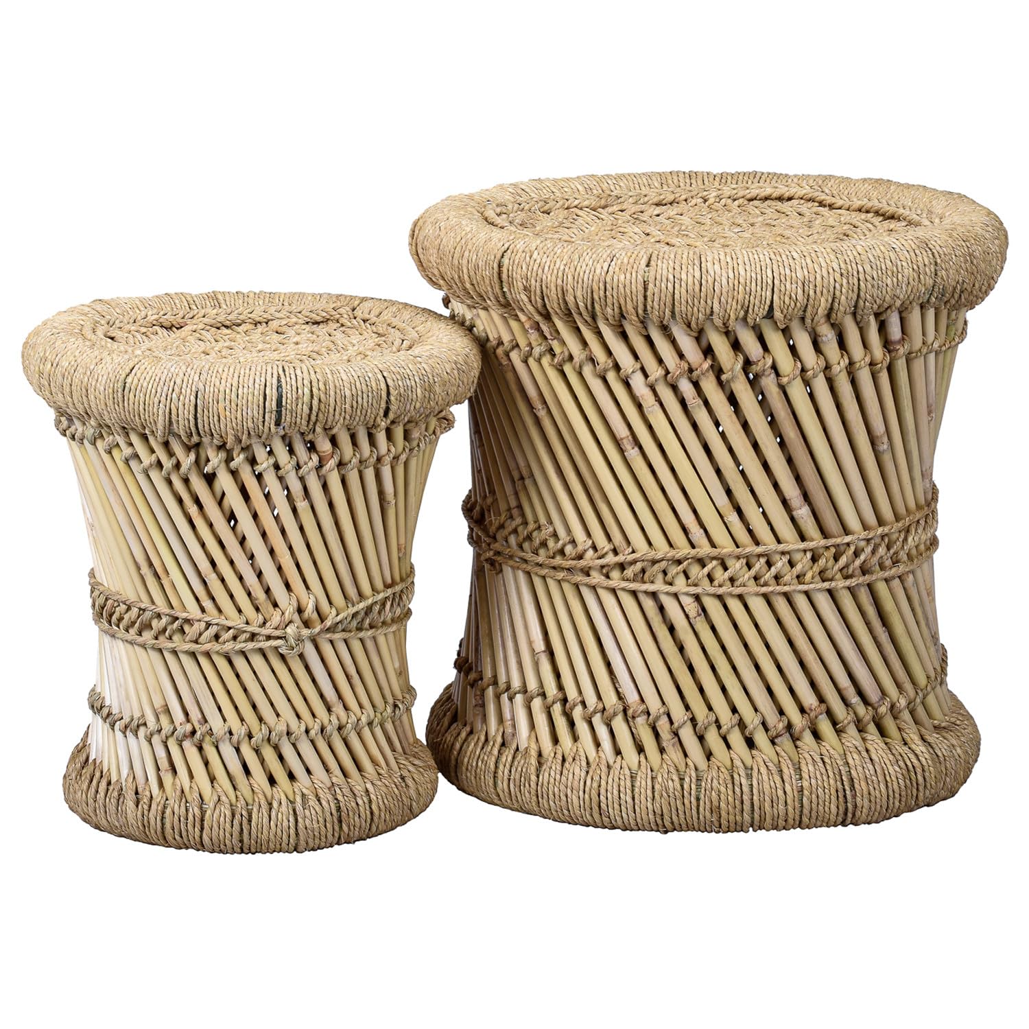 2er Set Boho Sitzhocker Benita handgefertigt aus Bambus in Natur 36 cm