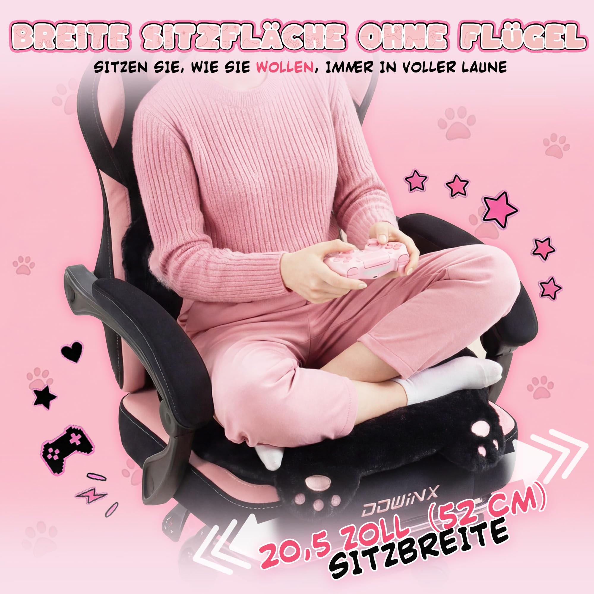Dowinx Gaming Stuhl Ergonomisch mit Fußstütze, Katzenpfoten Gaming Chair aus Stoff, Flügelloses Sitzdesign, Verstellbarer Gamer Stuhl & PC Stuhl, Gaming Stuhl rosa Katze, für Erwachsene,rosa schwarz