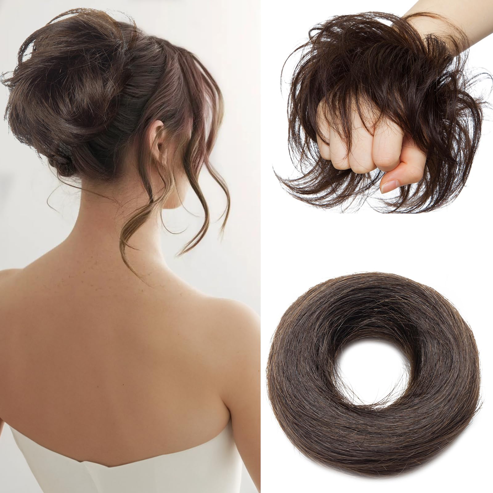 Benehair Human Hair Messy Bun Straight Hair Scrunchies for Women Elastic Hair Bun Hairpiece Donut Accessories #2 Dark Brown 17g