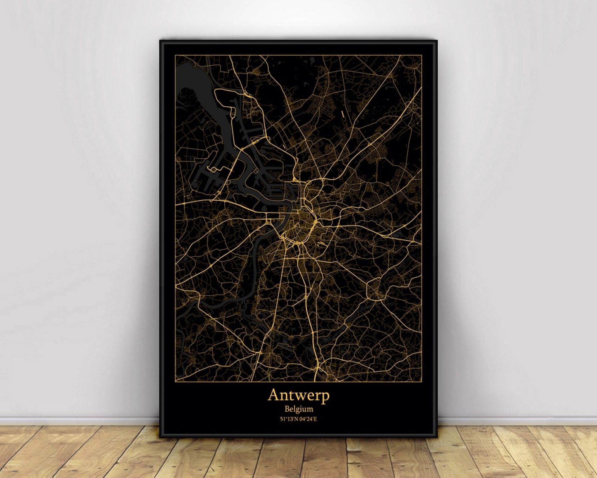 Toile Anvers Belgique noir et or pour salon moderne chic