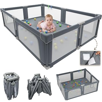 Baby Playpen with Mat for Babies and Toddlers, 73" x 61" Large Baby Play Pen Playard for Indoor & Outdoor with Soft Breathable Mesh, Ocean Balls and Pull Links, Dark Grey