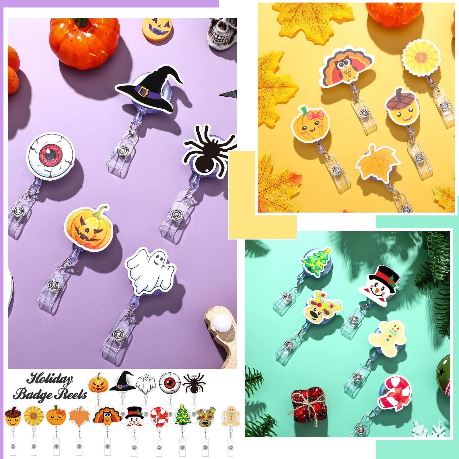 15 Pack Holiday Acrylic Badge Reels - Halloween Thanksgiving Christmas Nurse ID Holders With Retractable Clip - View #9