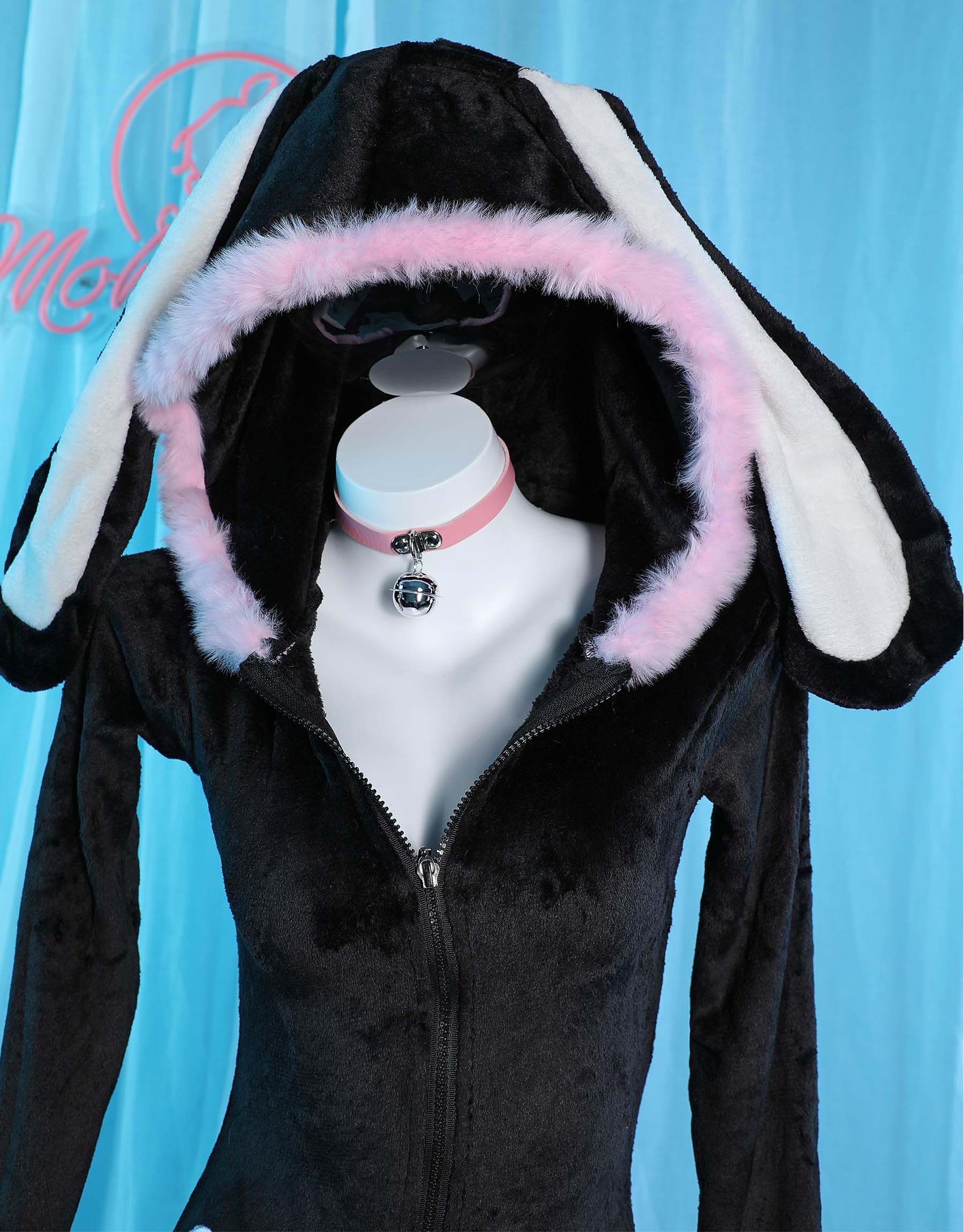 Mobbunny Cute Bunny Ear Onesie Pajama Fuzzy Romper Long Sleeve Loungewear Hooded Jumpsuit Zipper Fluffy Homewear with Socks: Medium Black