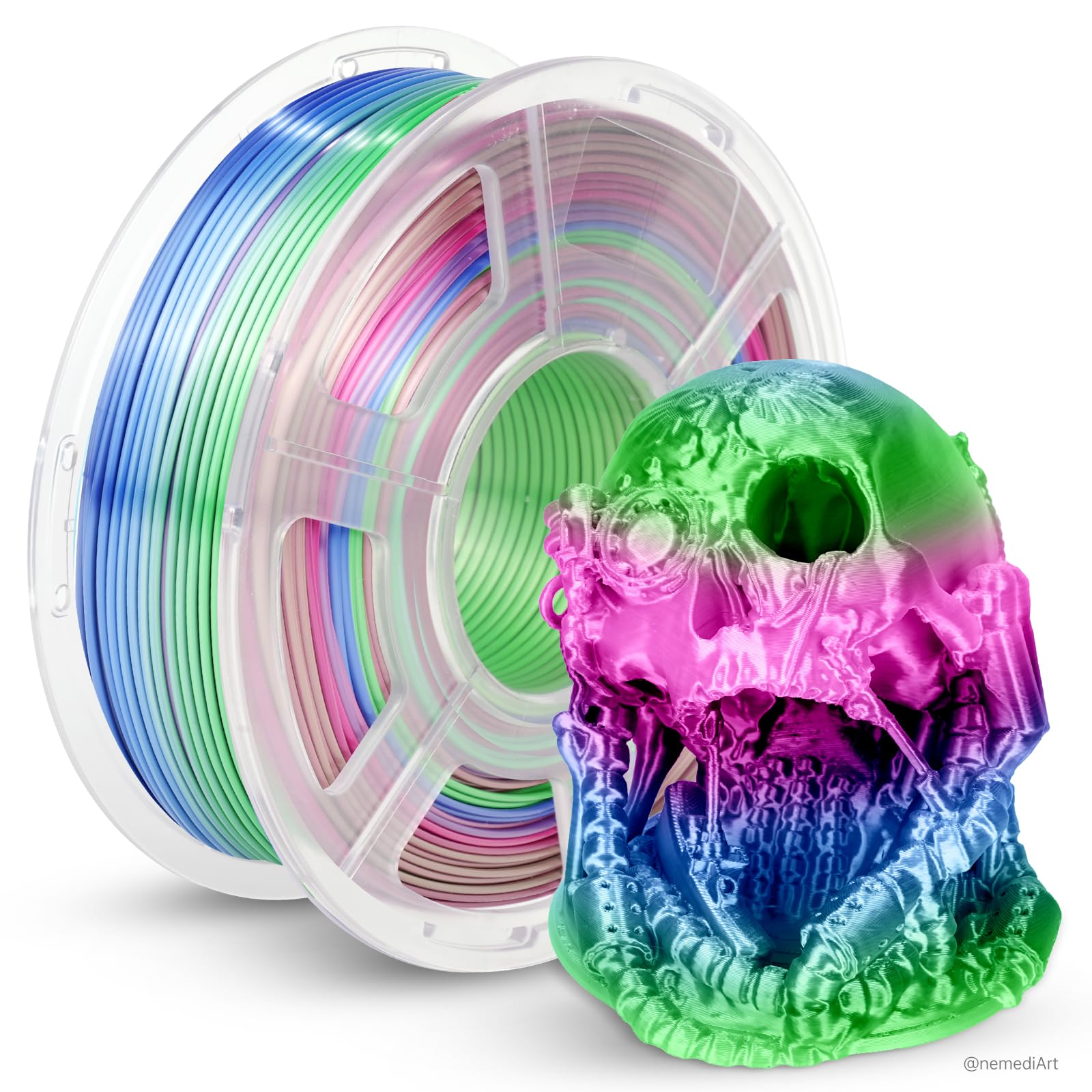 JAYO Silk Rainbow PLA+ Filament 1.75mm 1.1kg, Multicolor Gradient Shiny PLA, Color Changes Every 8 Meters in Cyan-Magenta-Blue, High Gloss Smooth