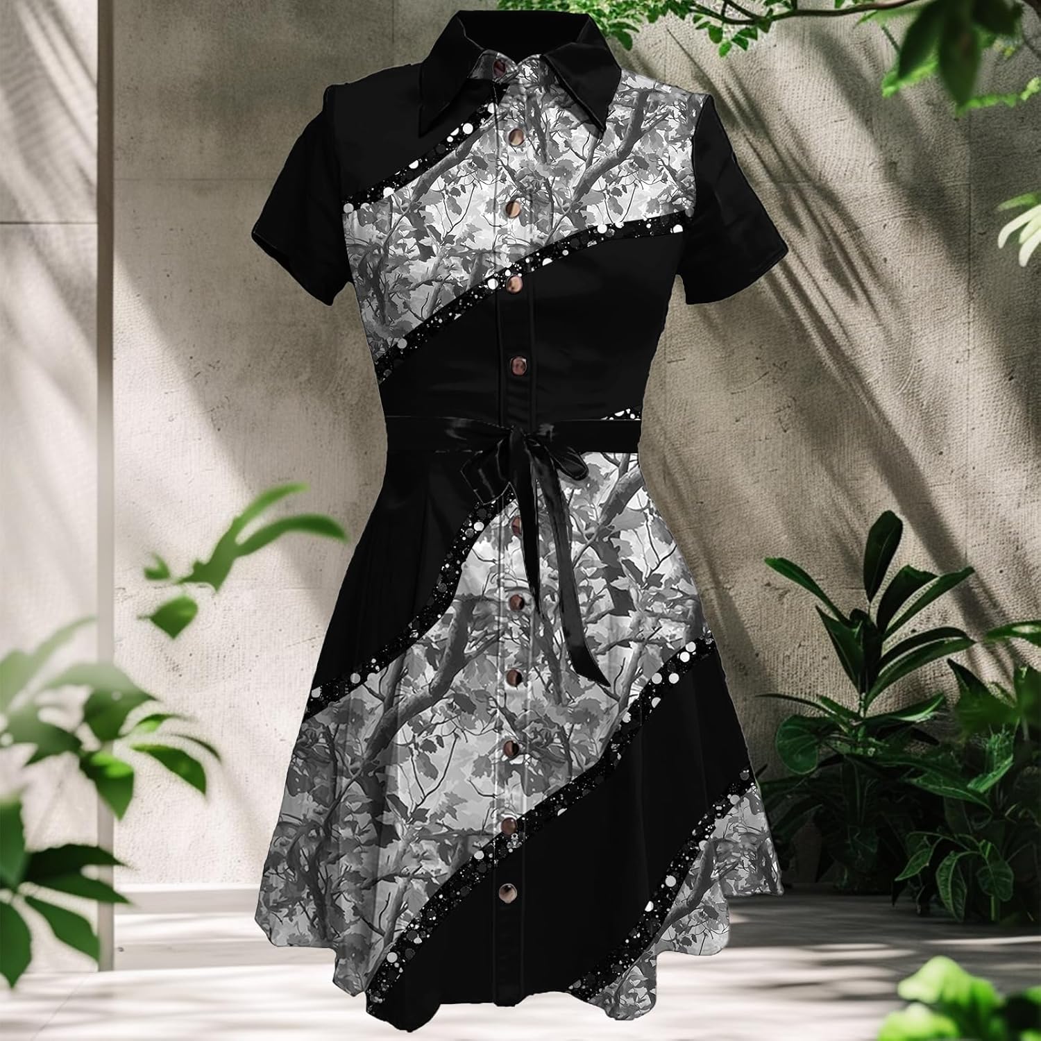 Business Casual Dress for Women Western Floral Short Sleeve Collared Button Down Fashion Aline High Waist Dress - Image 2