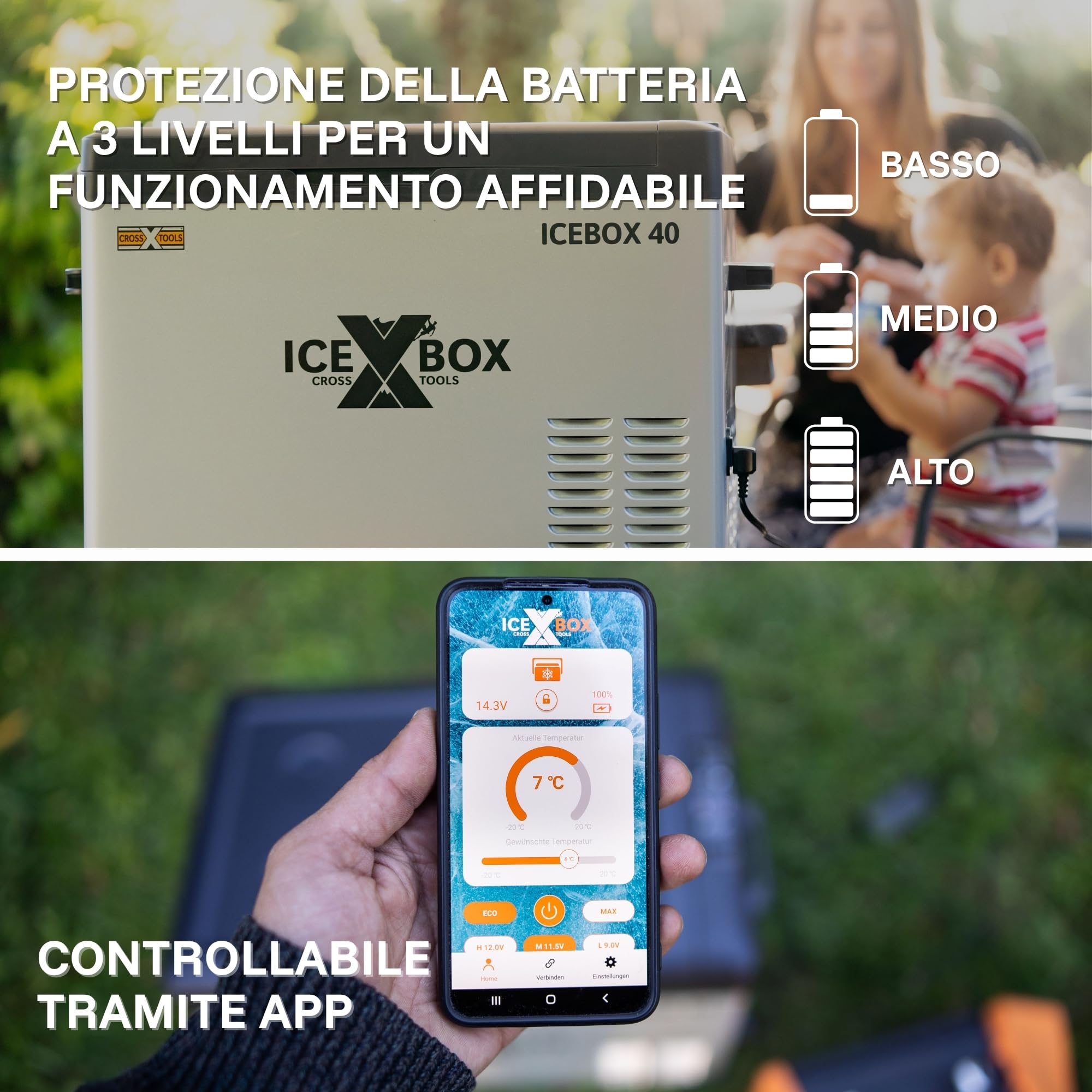 CROSS TOOLS Frigorifero portatile elettrico con compressore 37L -20°C, campeggio e auto, congelatore portatile, frigorifero con app, 230V/12V/24V, 65x37,5x42,7cm, ICEBOX 40