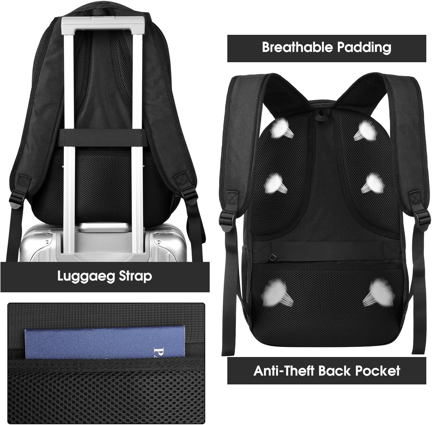 Backpack for Men and Women, School Backpack for Teens, Black Backpack for Boys with USB Charging Port Fits 15.6 Inch Laptop, Water Resistant Travel College Bookbag