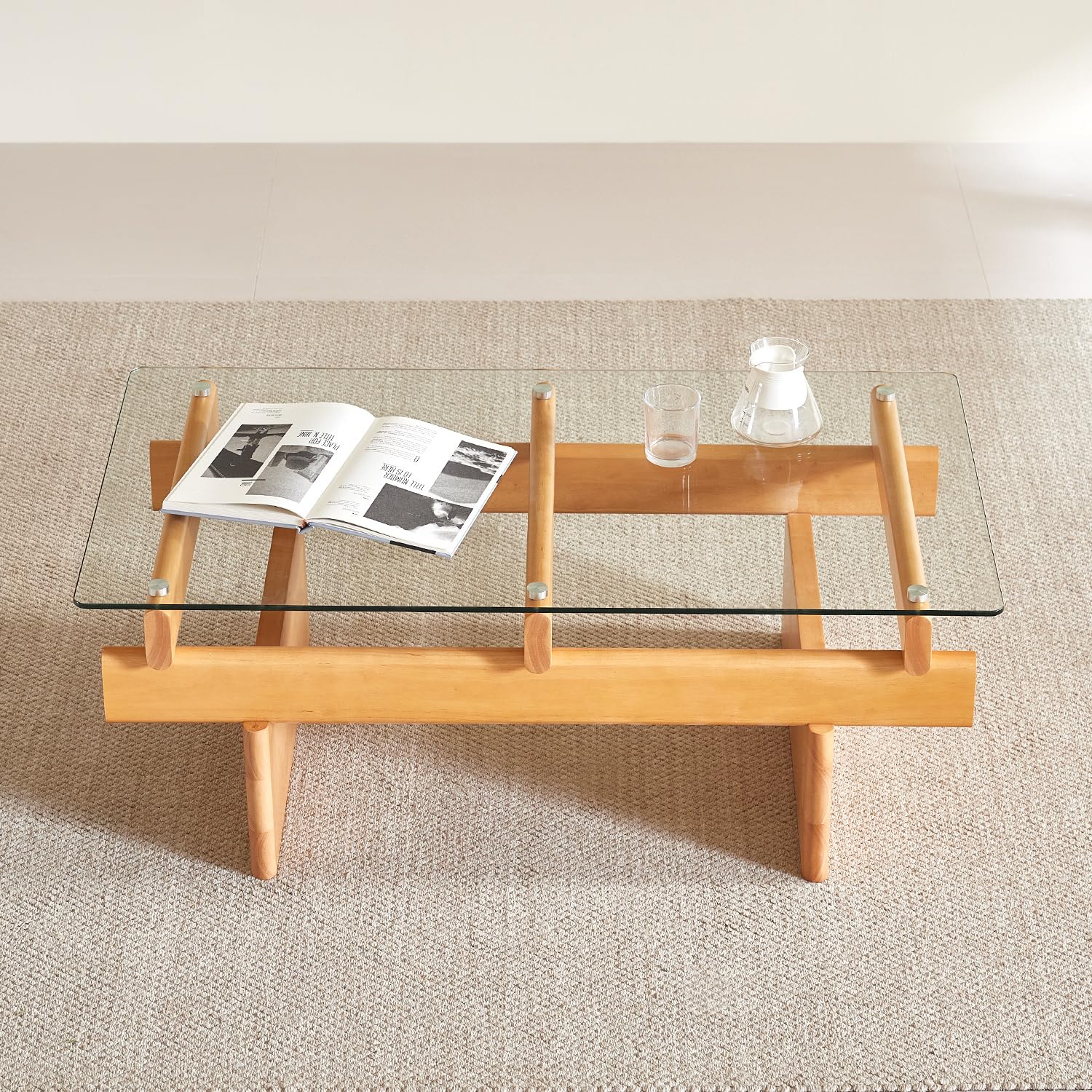 IWOOD Glass Coffee Table for Living Room 100 Solid Wood Coffee Table with Rectangular Tempered Glass Top Mid