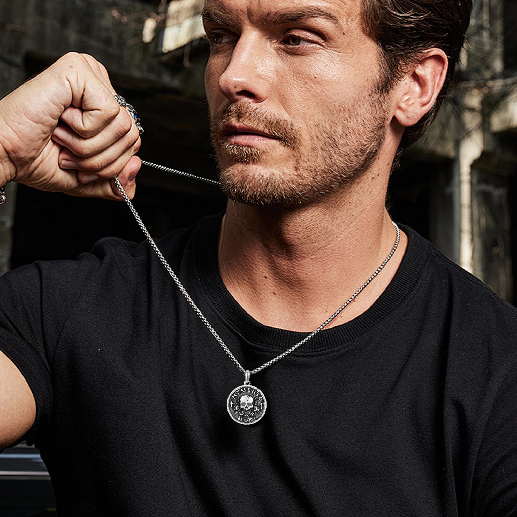 URONE Memento Mori-Halskette aus Sterlingsilber Memento Mori-Totenkopf-Rosen-Anhänger Totenkopf-Schmuck Geschenke für Frauen und Männer