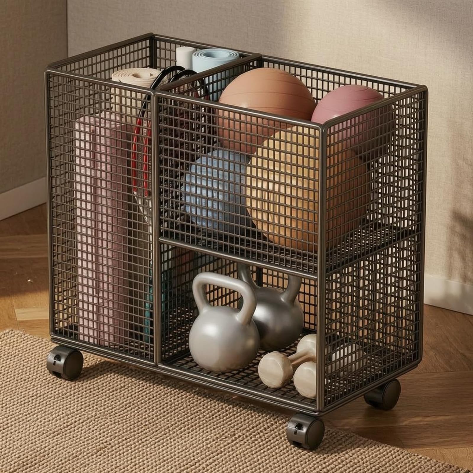 Organizer Carrello Scaffale Palestra Organizzatore Attrezzi Contenitore in Rete a Due Livelli con Ruote Piroettanti E Struttura Compatta 50 Cm X 28 Cm X 43 Cm Adatto a Palestra, Bianco