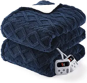 CAROMIO Electric Blanket Queen Size Dual Control - Thick Tufted Sherpa Heated Blanket Queen with 6 Heat Levels and 20 Time Settings, ETL Certified Fast Heating Blanket Queen Size 84"×90", Navy Blue
