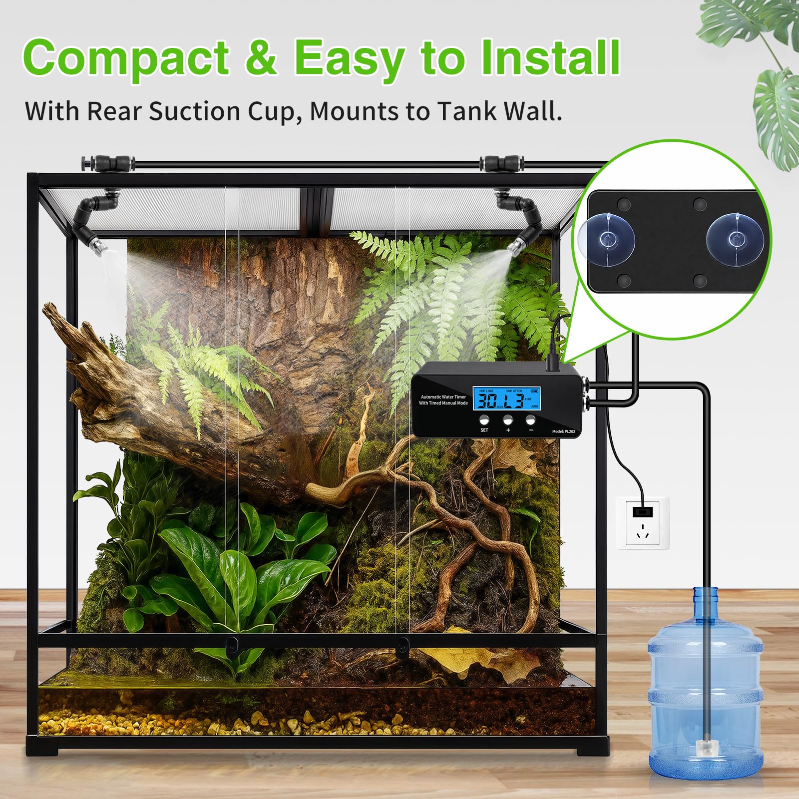Sistema di nebulizzazione per rettili, nebulizzatore automatico con timer con controller LCD, pompa autoadescante, spray per foresta pluviale fine per terrario, camaleonte, geco e serpente