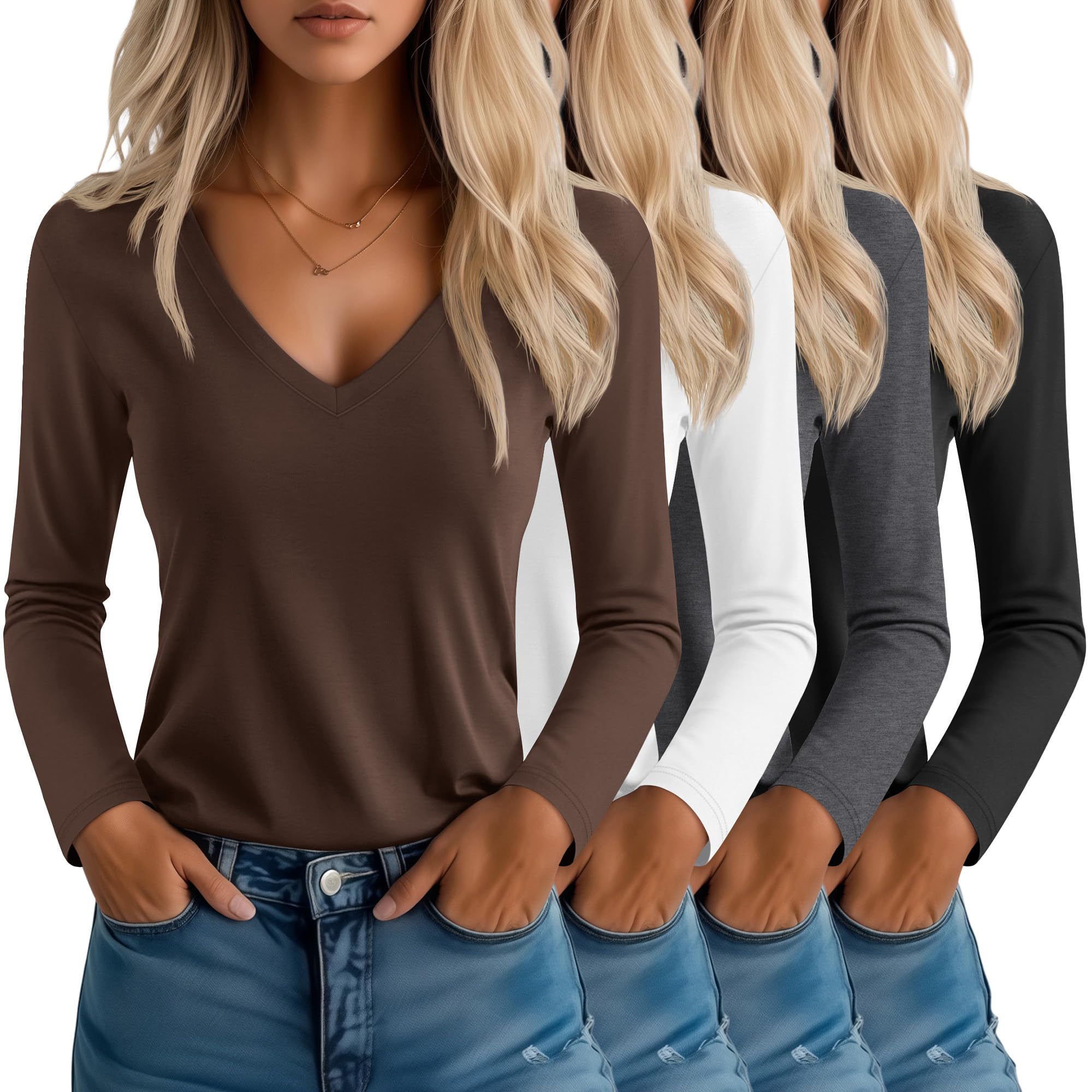 Neer 4er-Pack Damen-T-Shirts mit V-Ausschnitt, Langen Ärmeln, Lässige Oberteile, Lockere Passform, Basic Gerader Saum Tees