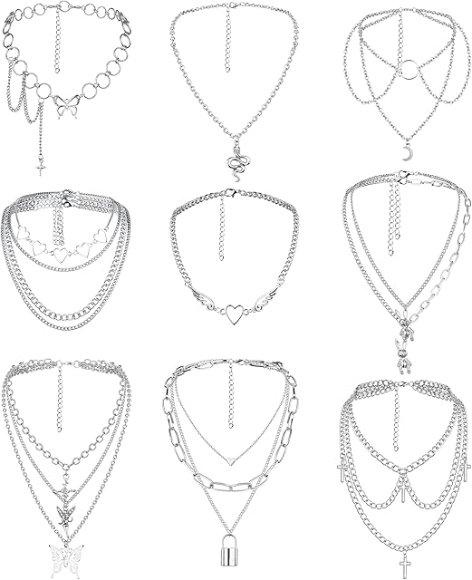 Kakonia Punk Layered Necklaces for Women Girls Men Boys Cross Heart Lock Butterfly Snake Moon Rabbit Pendant Gothic Choker Necklaces Silver Chunky Chain Statement Necklaces Y2K Emo Necklace Set