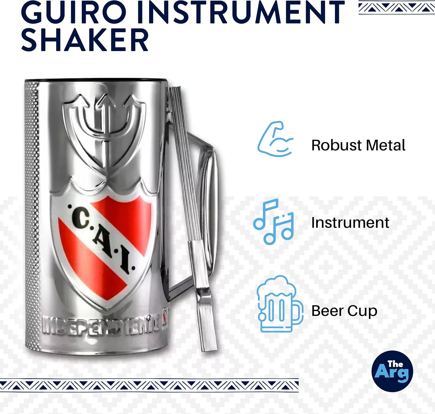 | Guiro Instrument Shaker - Independiente | Guiro Cup with Scraper - Musical Instrument - Latin Percussion | Round Cylinder Beer Cup - Argentinian Football Club Metal Guiro Cup - Soccer Design