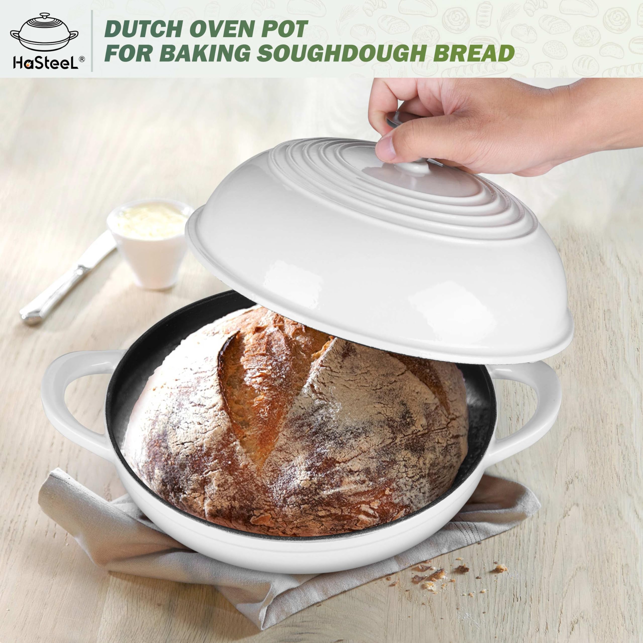 HaSteeL 5 Quart Cast Iron Dutch Oven, Pre-Seasoned Enamel Pot With Lid