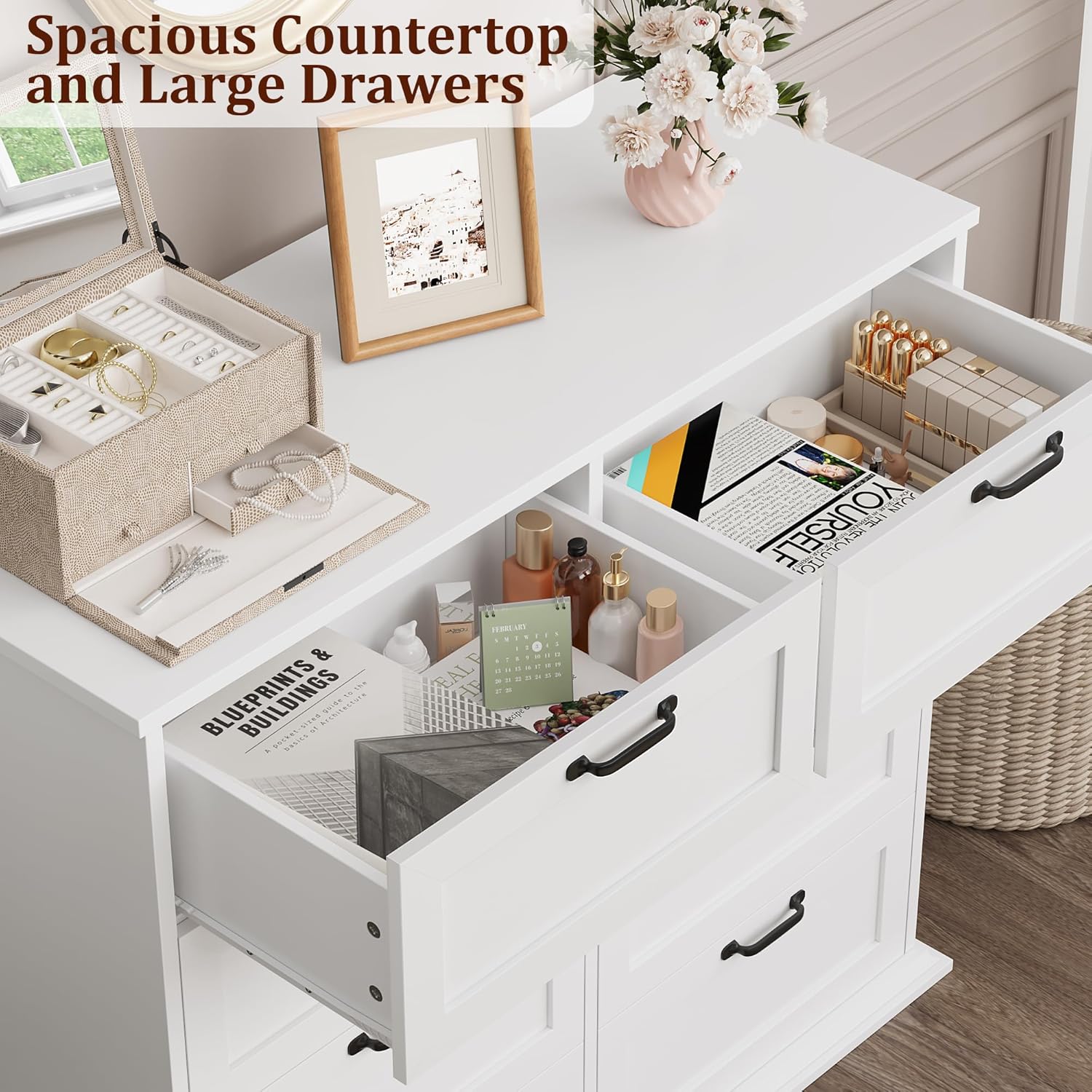 Open drawers of the BOTLOG White 8-Drawer Dresser showing organized items inside.