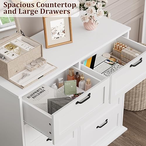 Vista 5 de Cómoda de madera para dormitorio, cómoda blanca con 8 cajones, cómoda para dormitorio, entrada, sala de estar, estilo moderno de granja