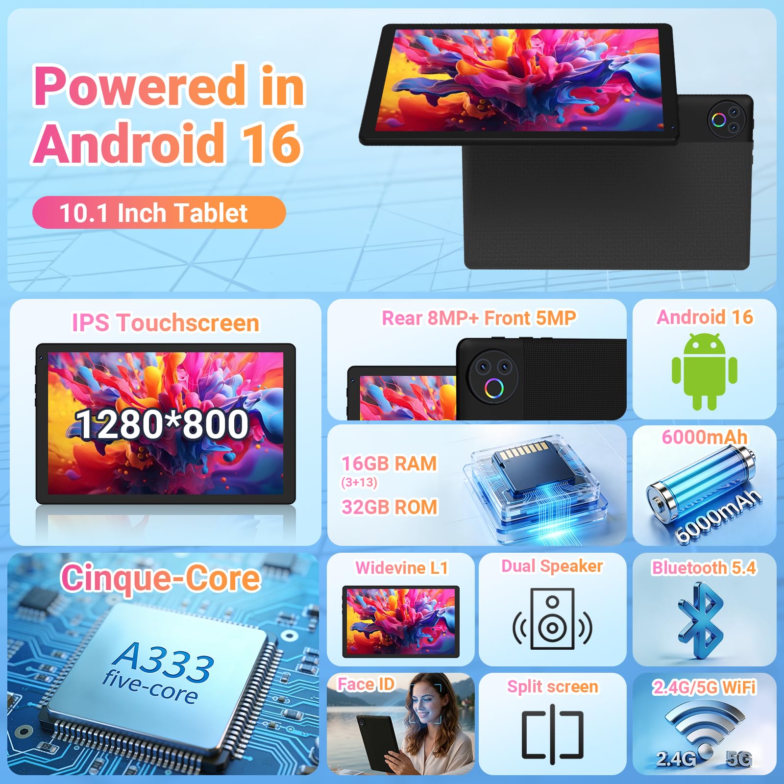 Gleeso Tablet｜Android 16 Tablet 10 Inch｜16GB RAM 1TB TF Android Tablets with Face Unlock｜Widevine L1｜BT 5.4/5G WiFi｜5MP Dual Camera, OTG Tablet PC - Black — view 9