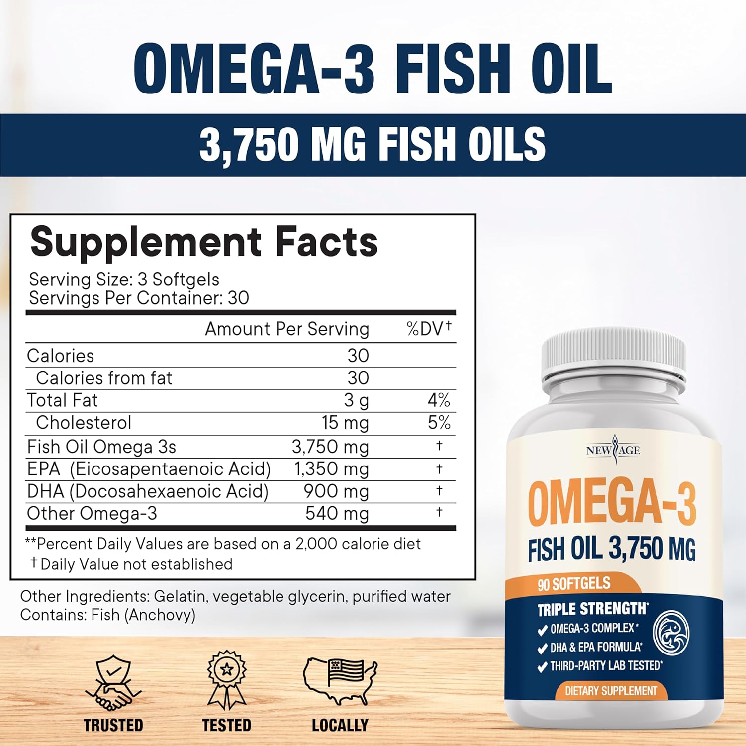 Triple Strength Omega 3 Fish Oil 3750 mg - EPA & DHA - Over 3000mg Omega-3 Fatty Acids - 1350mg EPA + 900mg DHA - Best Essential Fatty Acids, Burpless Fish Oil - 180 Count - Image 3
