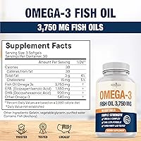 Vista 3 de Triple Strength Omega 3 Fish Oil 3750 mg - EPA & DHA - Over 3000mg Omega-3 Fatty Acids - 1350mg EPA + 900mg DHA - Best Essential Fatty Acids