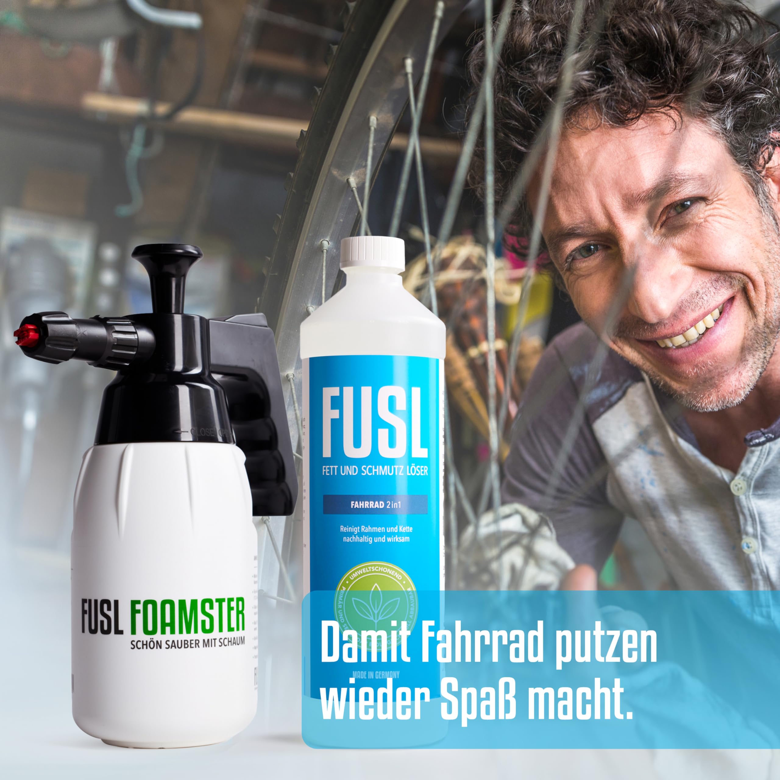 Fahrrad 2in1 Fahrrad Reiniger - für Kette/Antrieb/Rahmen - Kettenreiniger/Antriebsreiniger für Stahl/Edelstahl/Aluminium/Carbon/Kunstoff - 500ml / 1L (Foamster Set)