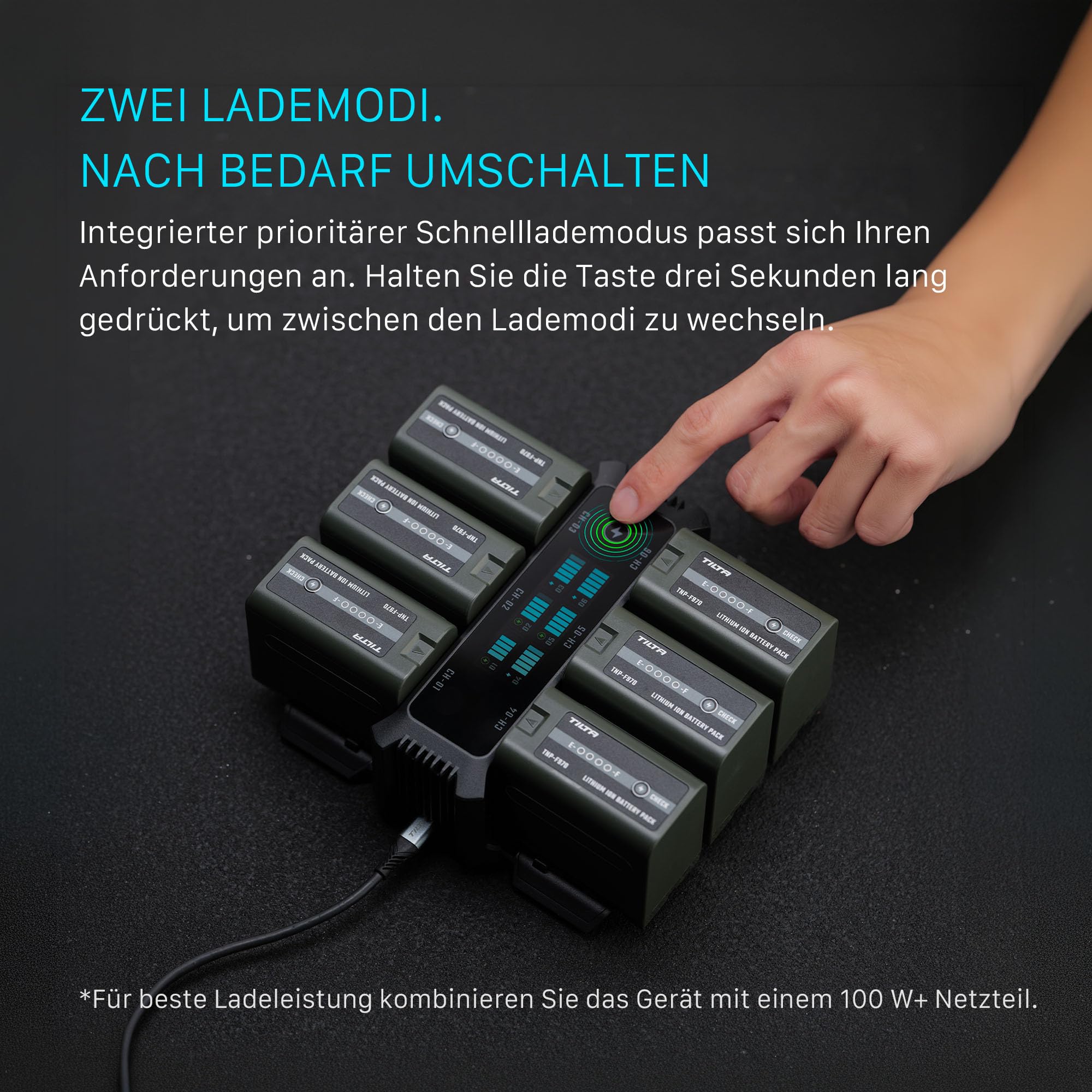 Tilta NP-F Akkuladegerät, Kompatibel mit Sony NP‑F970/F750/F570/F550 | 100W PD/QC Schnellladung, 6 Steckplätze laden 6 Akkus, TFT-Anzeige Akkustand, Lüfterkühlung Temp.-Regelung