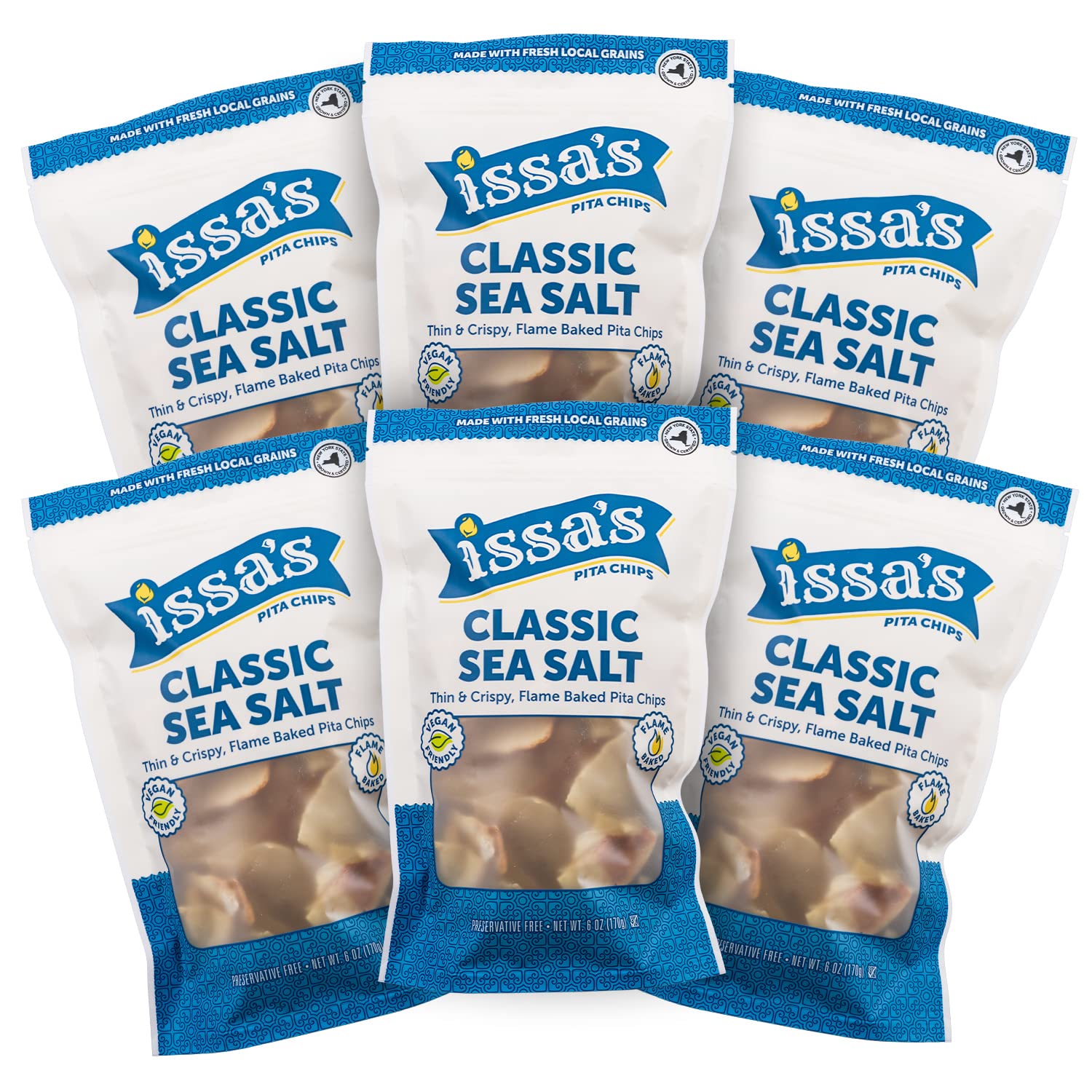 Issa's Pita Chips Lebanese Style Flame Baked Classic Sea Salt Pita Chips | Kosher, Vegan, Crispy and Thin Pita Chips with No Preservatives | 6 Packs of 6oz Individual Bags of Pita Crisps